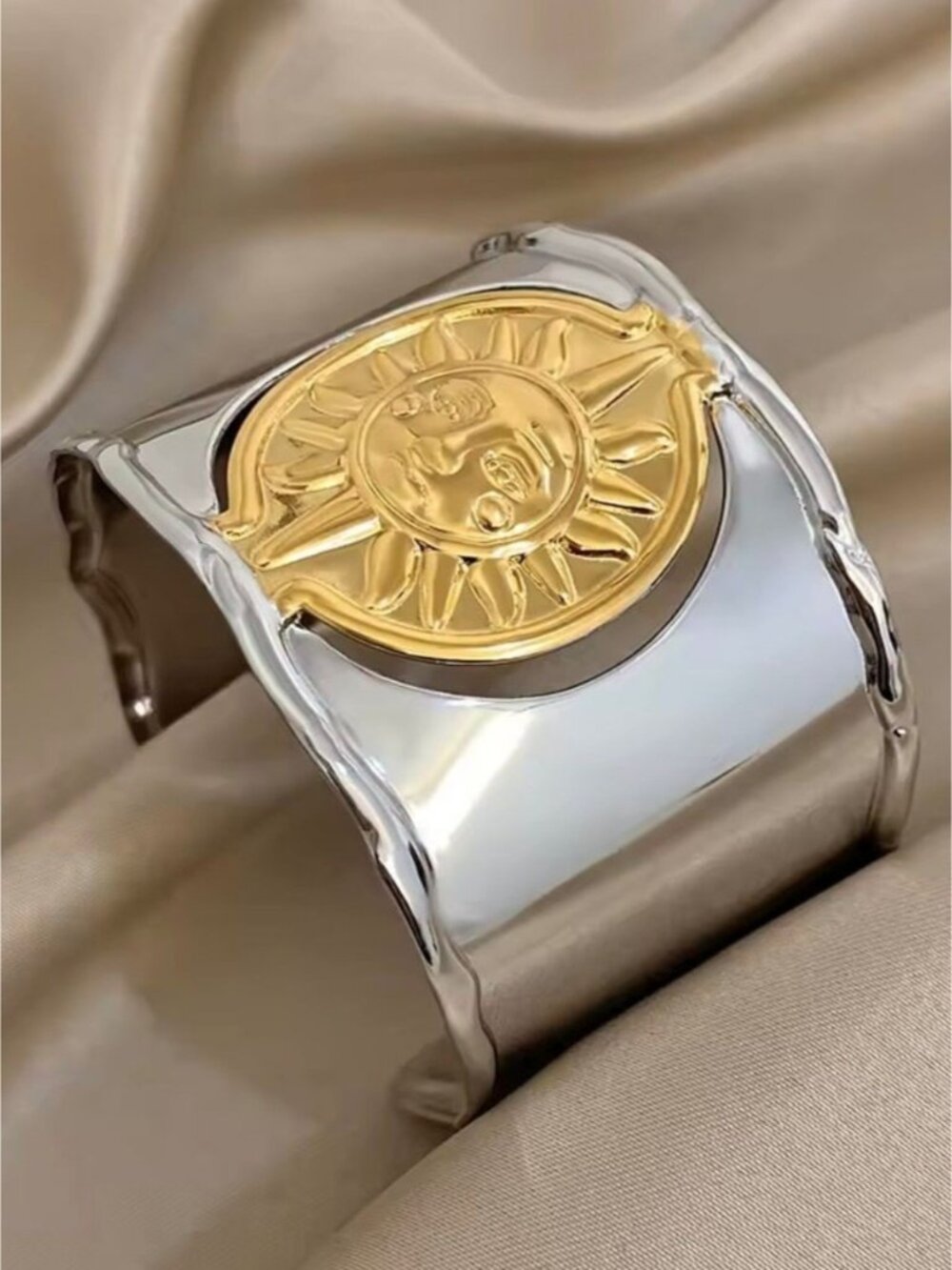 Two-Tone Sun Medallion Cuff Bracelet - Gold & Silver